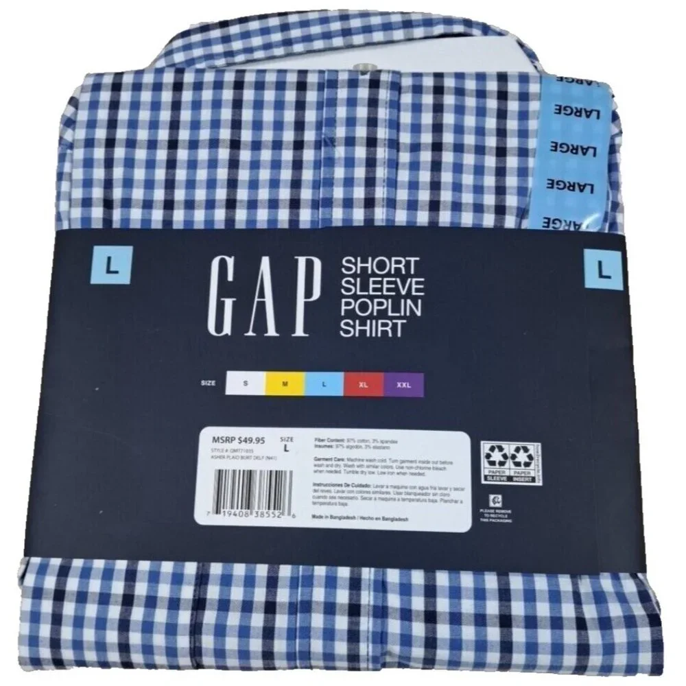 NEW Gap Men's Shirt L Short Sleeve Button Front Poplin Blue Check Spread Collar - Picture 2 of 3